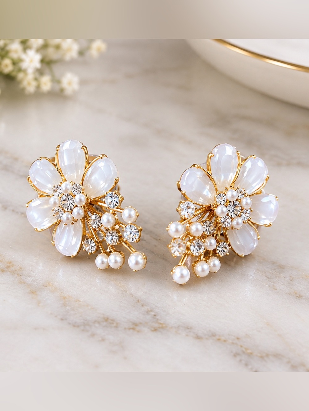 Gold Floral Pearl & Crystal Statement Earrings - White